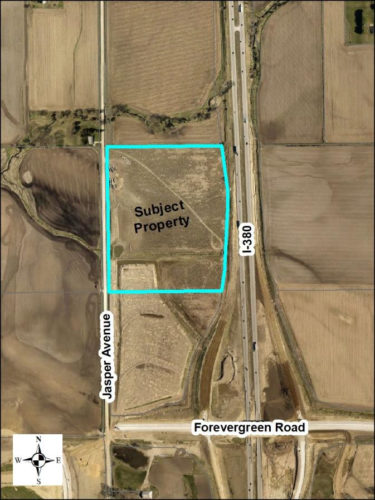 Locator map for property considering a subdivision plat on the west side of I-380 and north of Forevergreen Road, and is zoned C-2-A (Highway Commercial