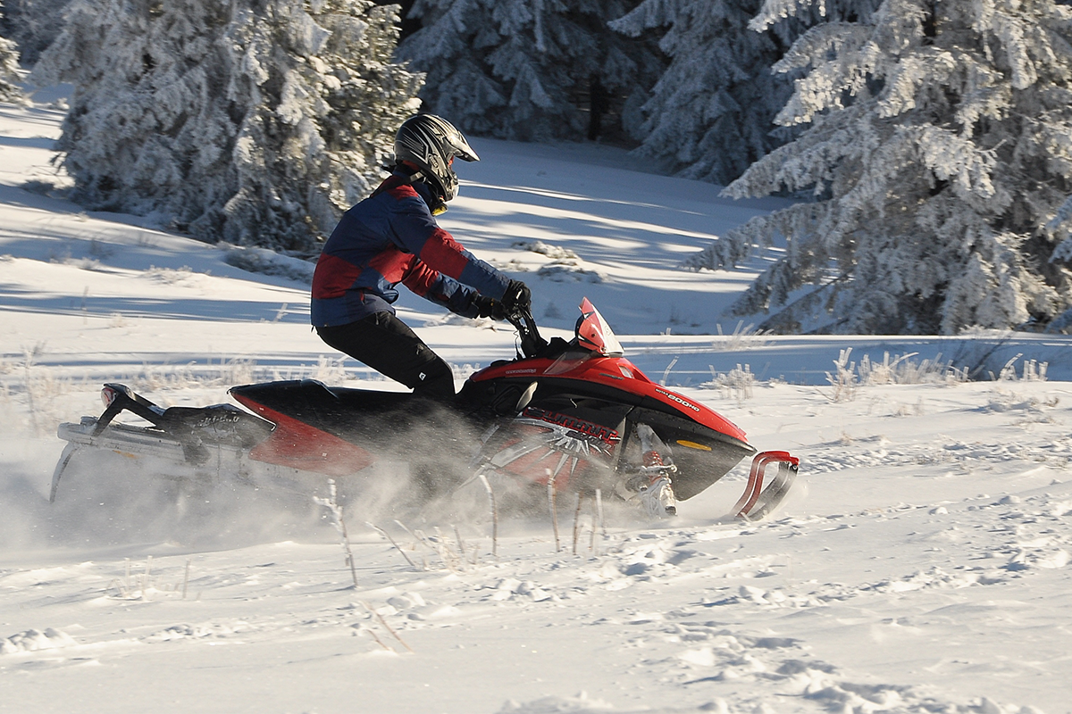A person riding a red snowmobile kicks up some powder as the ride among trees.