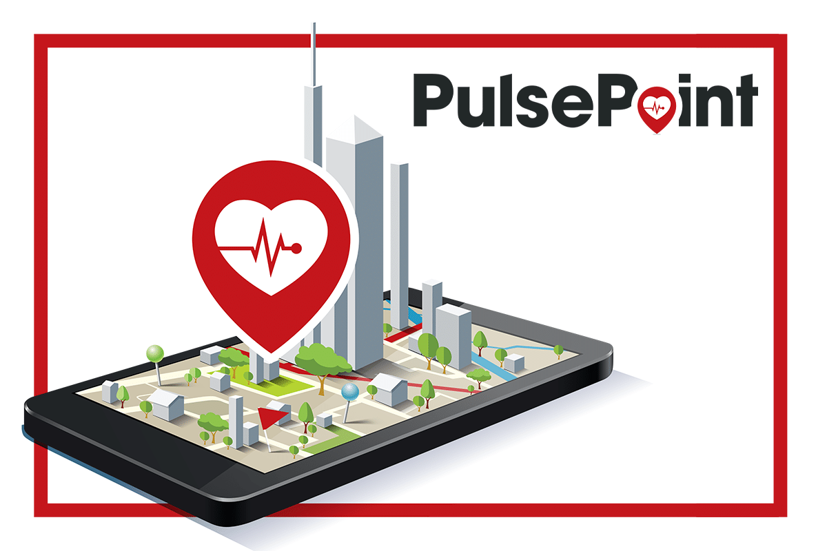 An illustration of a 3D map of a city emerging out of a phone with the PulsePoint logo.
