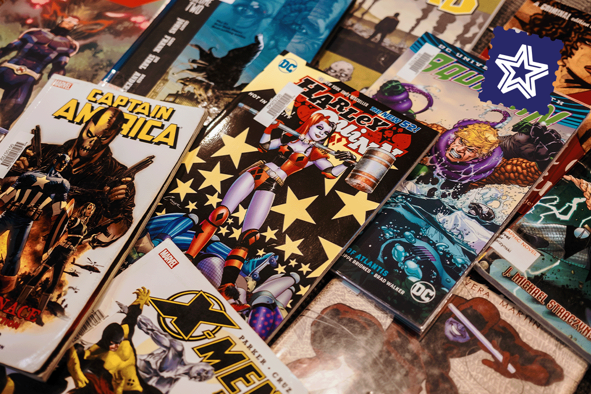 An assortment of comic books.