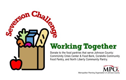 Logo for the Severson Challenge. Text reads "Working Together Donate to the food pantries that serve Johnson County: CommUnity Crisis Center & Food Bank, Coralville Community Food Pantry, and North Liberty Community Pantry. MPOJC Metropolitan Planning Organization of Johnson County.