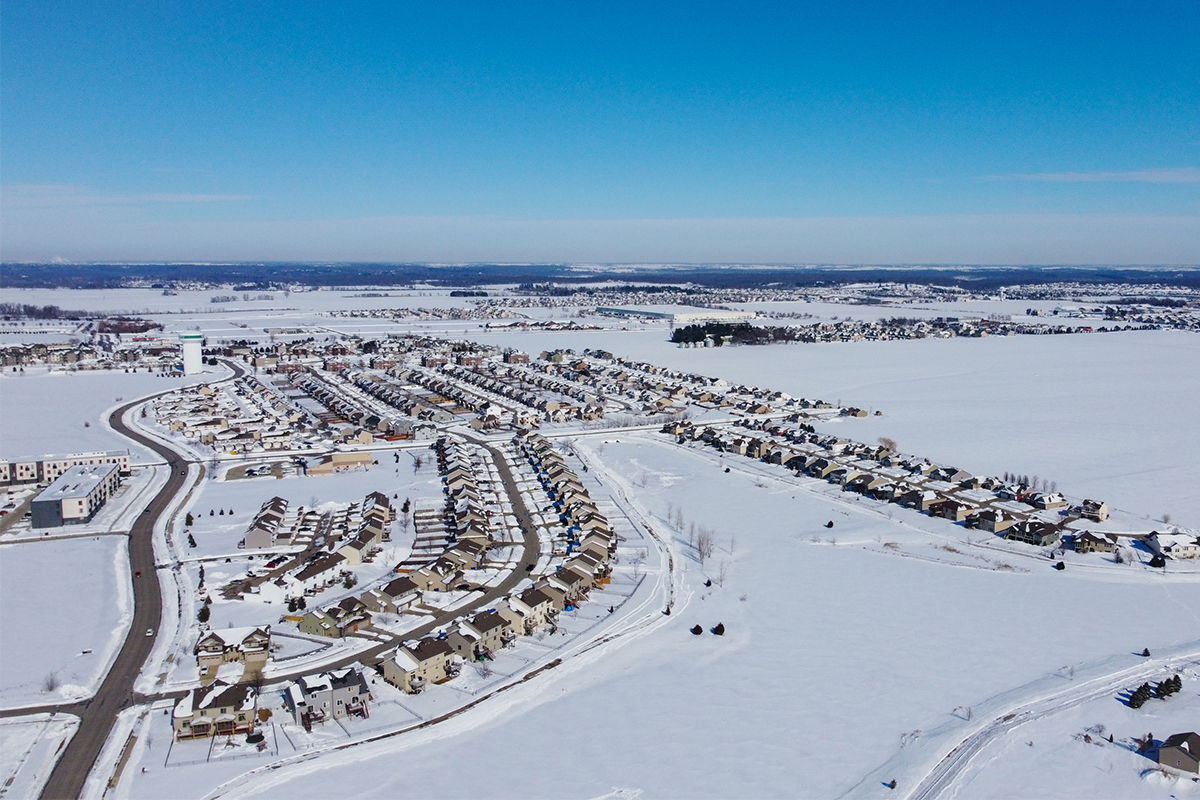 An aerial photo of western North Liberty during the winter.