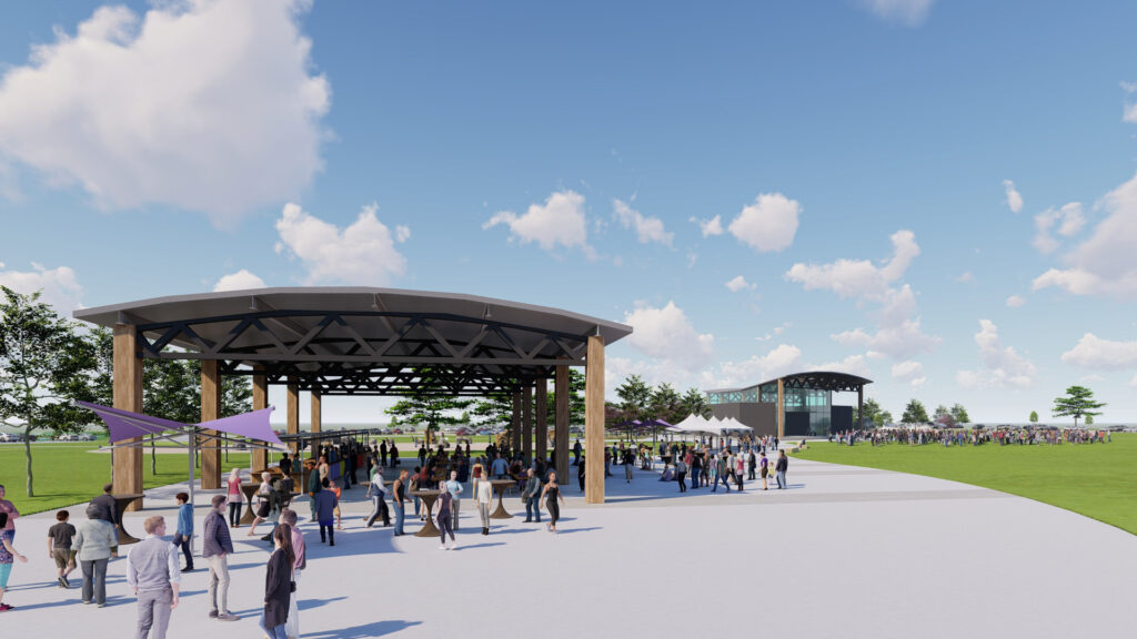 A rendering of the future Centennial Park pavilion with the Centennial Center in the background.