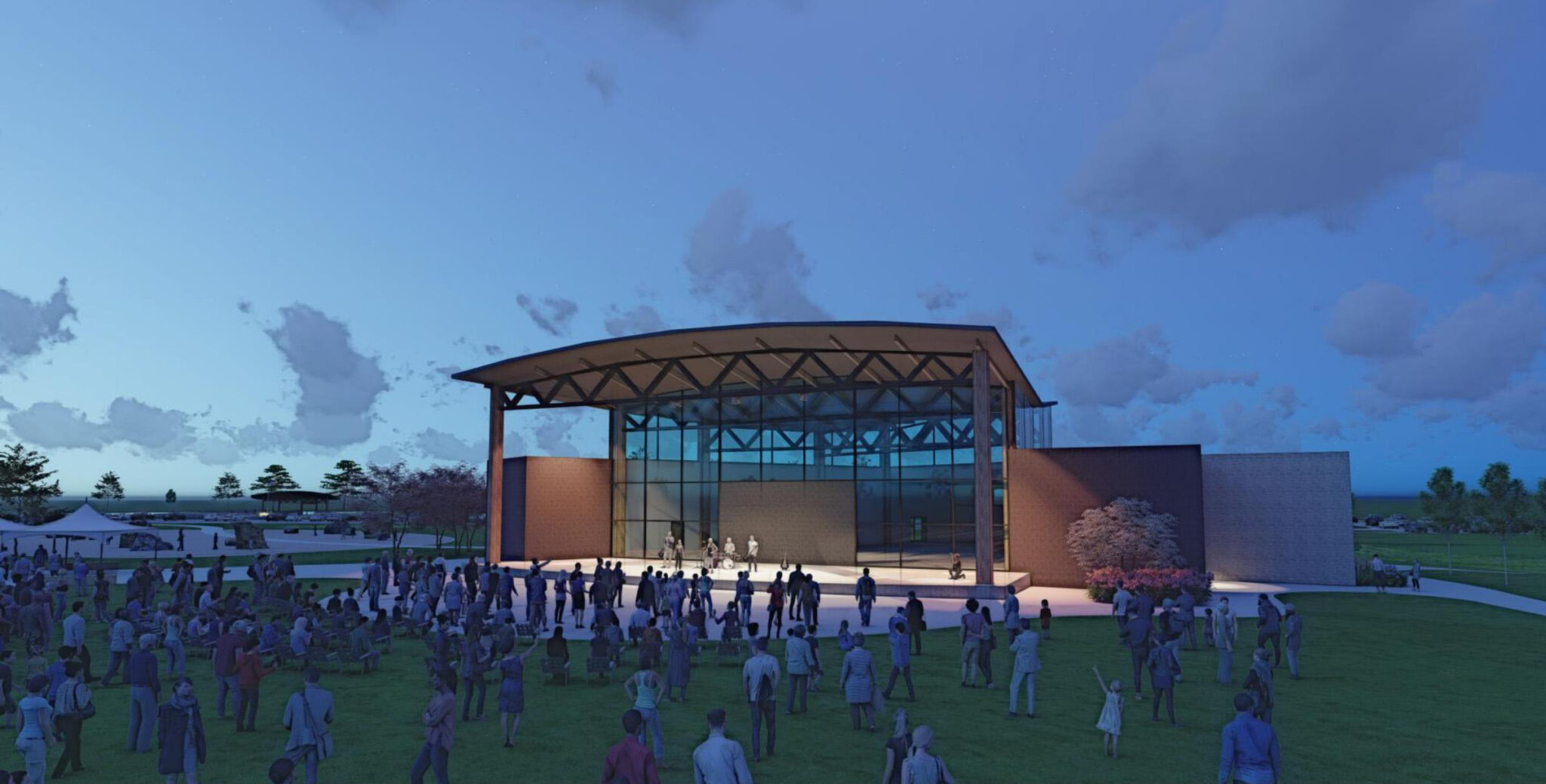 A rendering of the Centennial Center Stage at night.