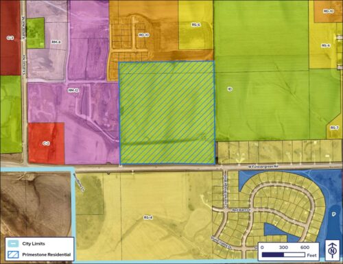 aerial rendering zoning map of property located on north side of west forevergreen road approximately 150 feet west of covered bridge boulevard