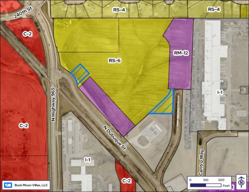 Aerial rendering of rezoning map for property located at corner of northeast ranshaw way/hwy 965 and n dubuque street